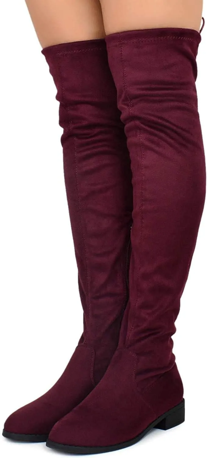 Nature Breeze Olympia 20 Womens Stretchy Thigh High Side Zipper Low Heel Combat Boots