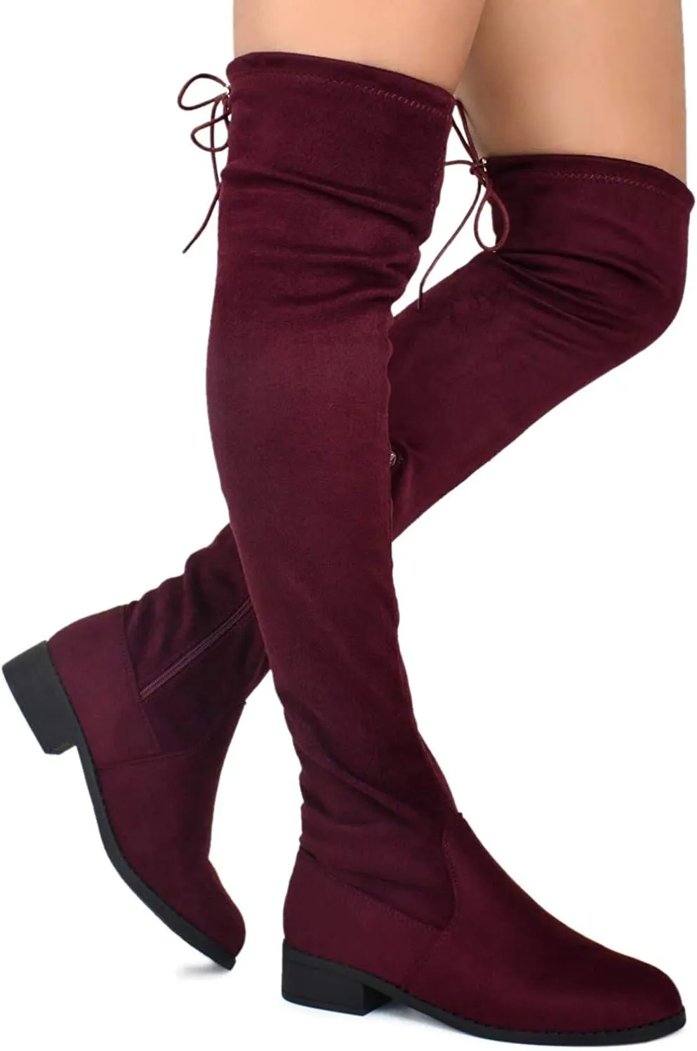 Nature Breeze Olympia 20 Womens Stretchy Thigh High Side Zipper Low Heel Combat Boots