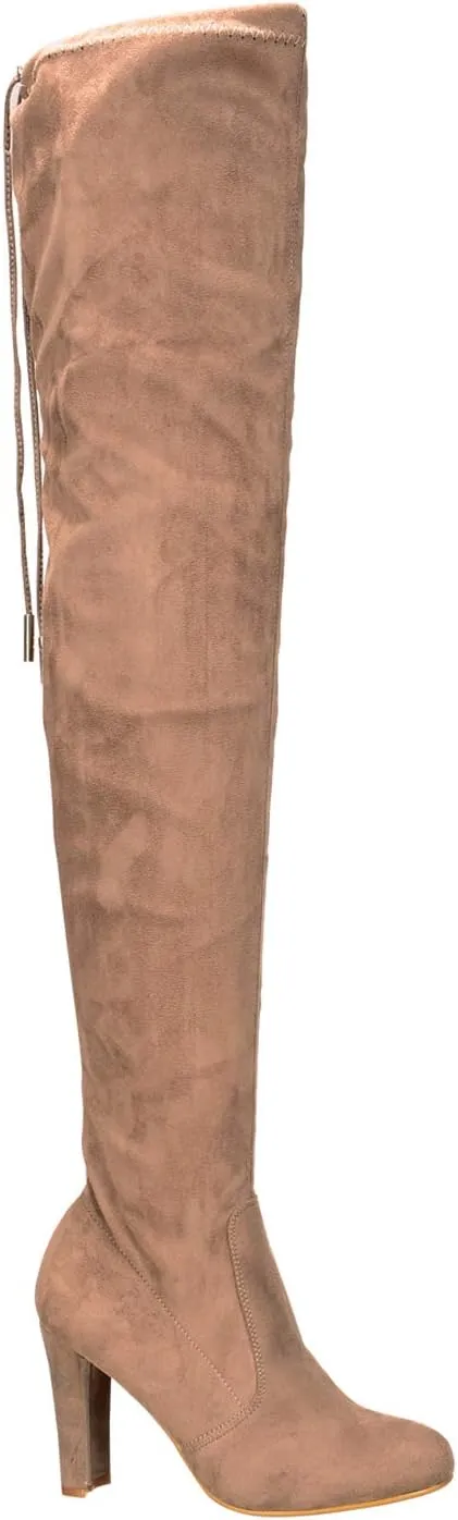 Nature Breeze Womens Eve-01 Stretchy Thigh High Pull String Chunk Heel Combat Boots