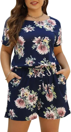 Nemidor Plus Size Rompers for Curvy Women Casual Summer One Piece Short Sleeve Loose Elastic Waist Jumpsuit with Pocket