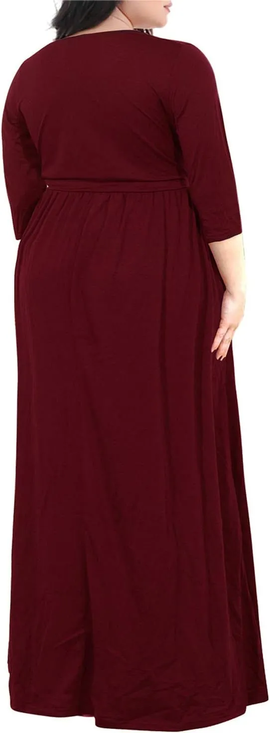 Nemidor Womens Casual V-Neck 3/4 Sleeve Plus Size Long Maxi Dress with Pockets NEM170