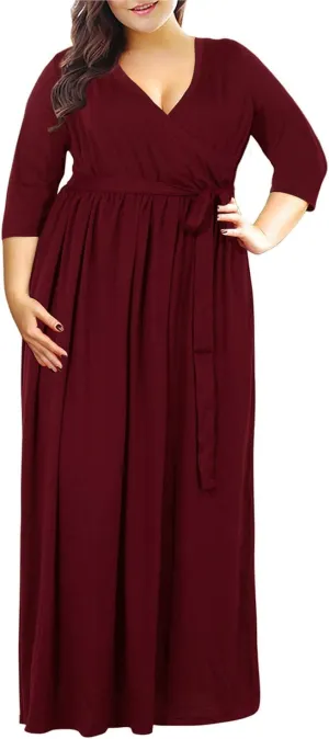 Nemidor Womens Casual V-Neck 3/4 Sleeve Plus Size Long Maxi Dress with Pockets NEM170