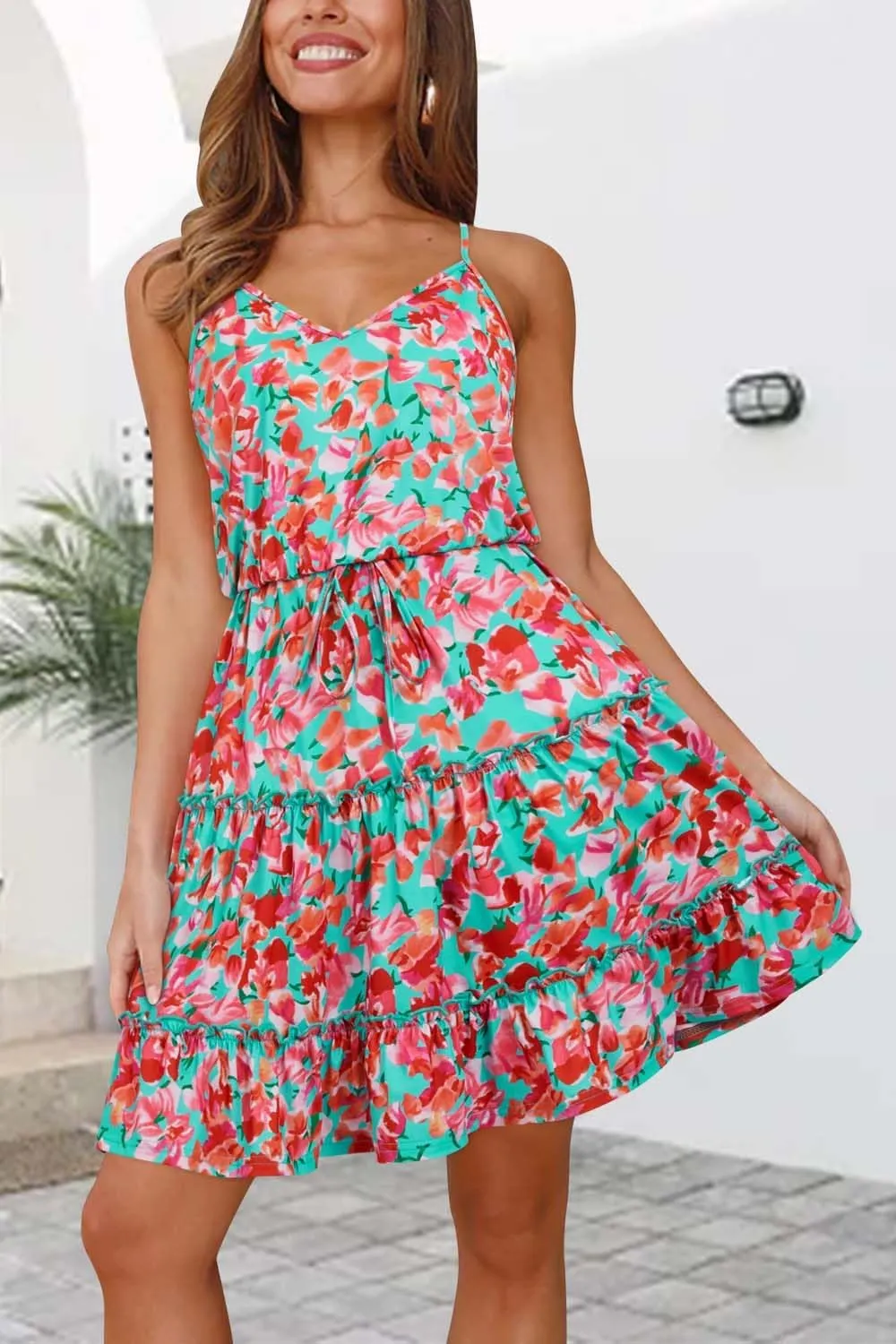 Newshows Women's 2025 Summer Dress Spaghetti Strap Casual Boho Beach Vacation Outfits Drawstring Ruffle Hem Sundress Trendy