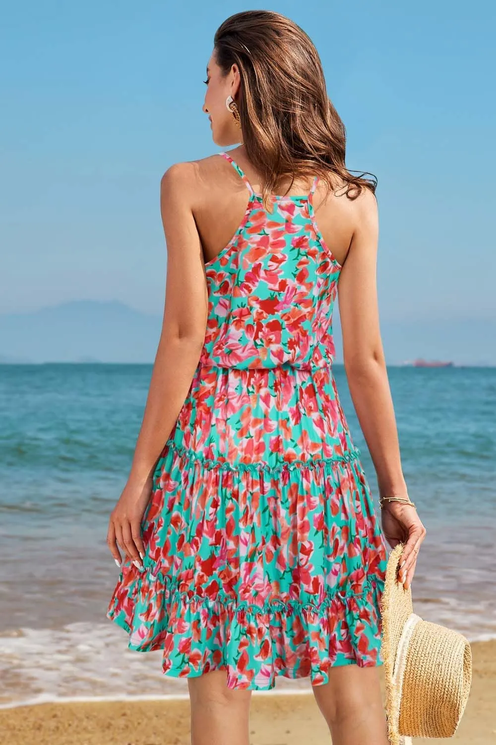 Newshows Women's 2025 Summer Dress Spaghetti Strap Casual Boho Beach Vacation Outfits Drawstring Ruffle Hem Sundress Trendy