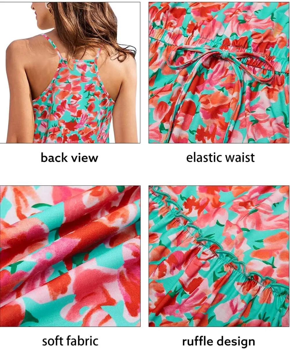 Newshows Women's 2025 Summer Dress Spaghetti Strap Casual Boho Beach Vacation Outfits Drawstring Ruffle Hem Sundress Trendy