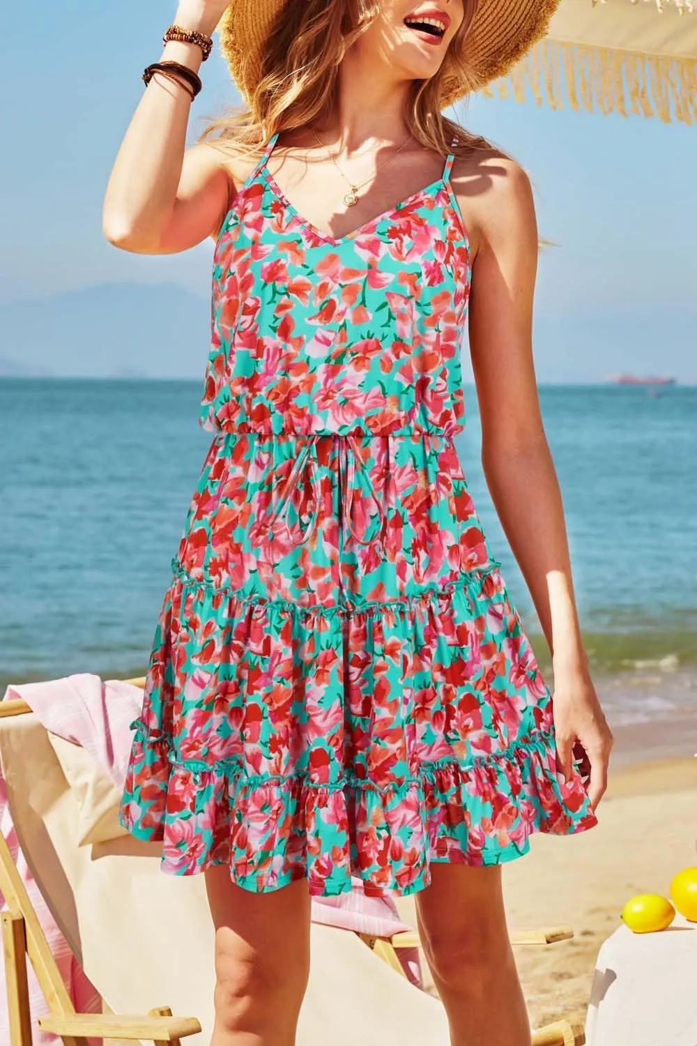 Newshows Women's 2025 Summer Dress Spaghetti Strap Casual Boho Beach Vacation Outfits Drawstring Ruffle Hem Sundress Trendy