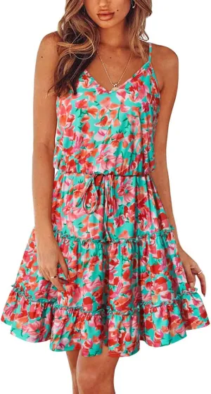 Newshows Women's 2025 Summer Dress Spaghetti Strap Casual Boho Beach Vacation Outfits Drawstring Ruffle Hem Sundress Trendy