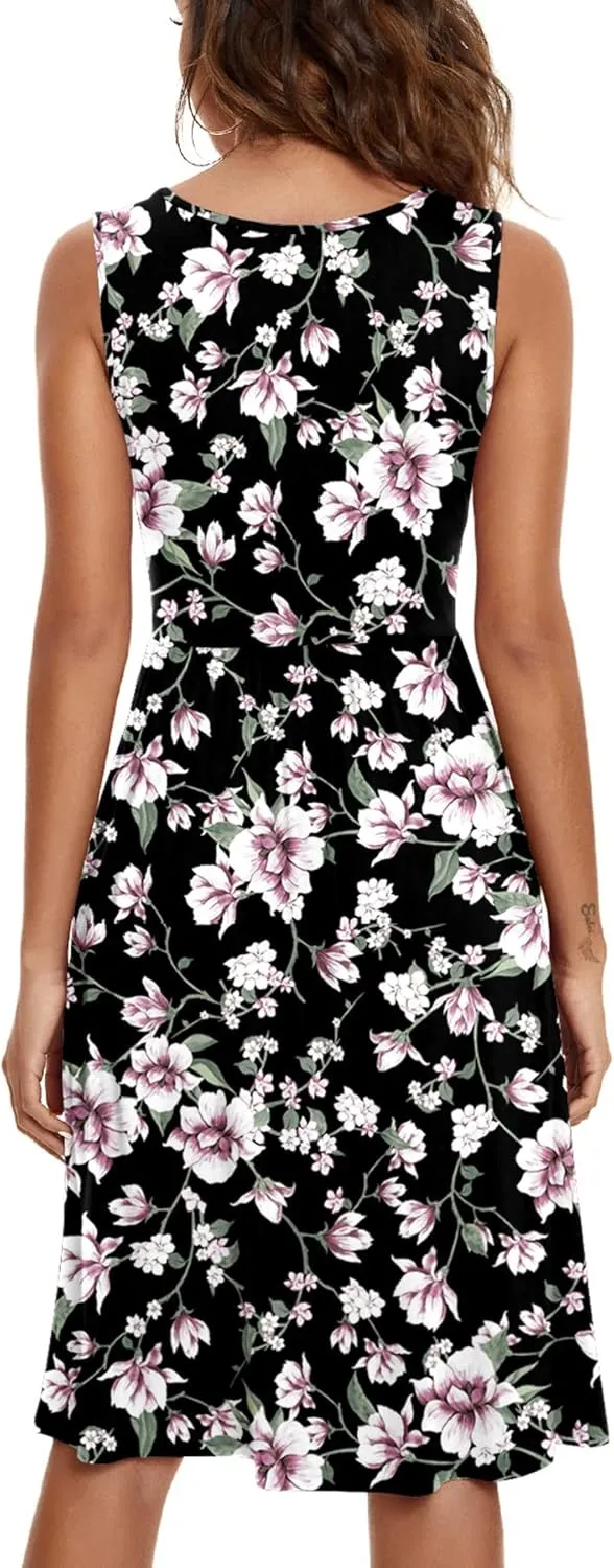 NILOUFO Womens Summer Casual Dresses Sleeveless V Neck Midi Dress with Pockets
