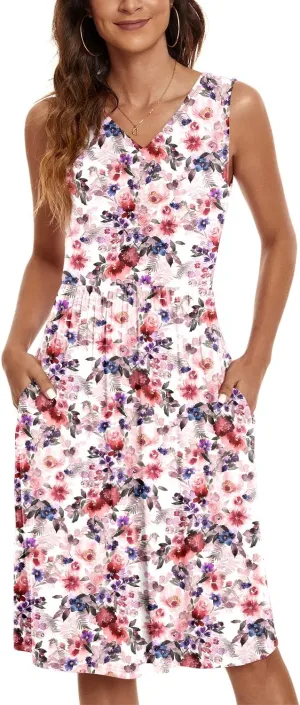 NILOUFO Womens Summer Casual Dresses Sleeveless V Neck Midi Dress with Pockets