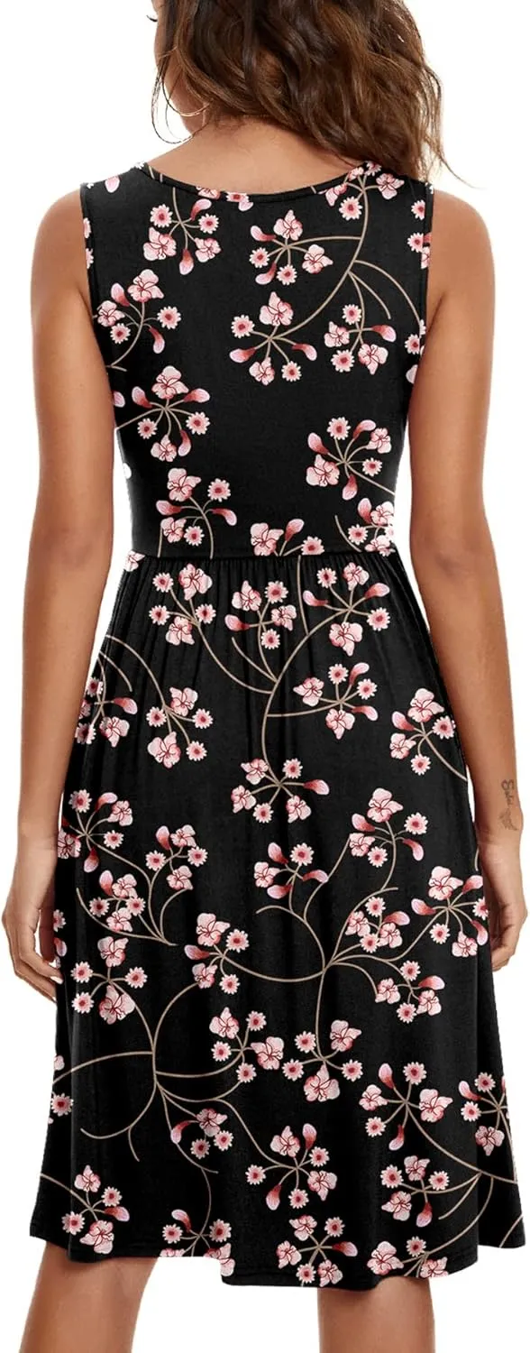 NILOUFO Womens Summer Casual Dresses Sleeveless V Neck Midi Dress with Pockets