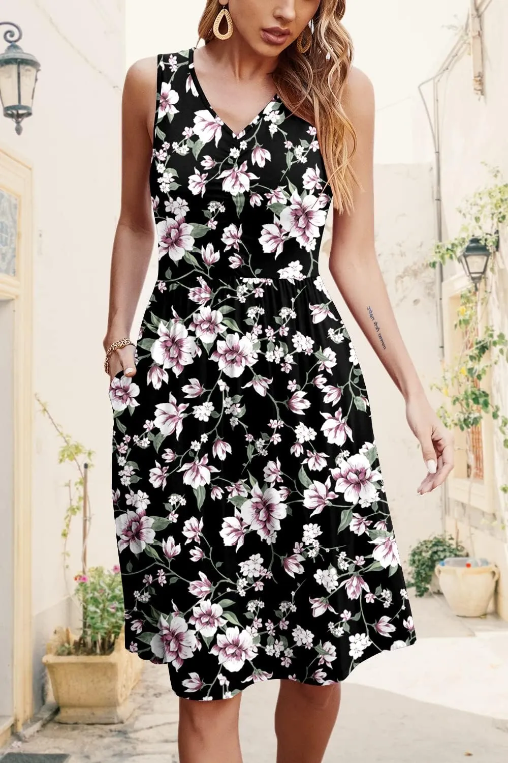 NILOUFO Womens Summer Casual Dresses Sleeveless V Neck Midi Dress with Pockets