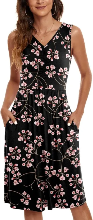 NILOUFO Womens Summer Casual Dresses Sleeveless V Neck Midi Dress with Pockets