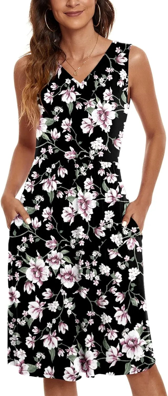 NILOUFO Womens Summer Casual Dresses Sleeveless V Neck Midi Dress with Pockets