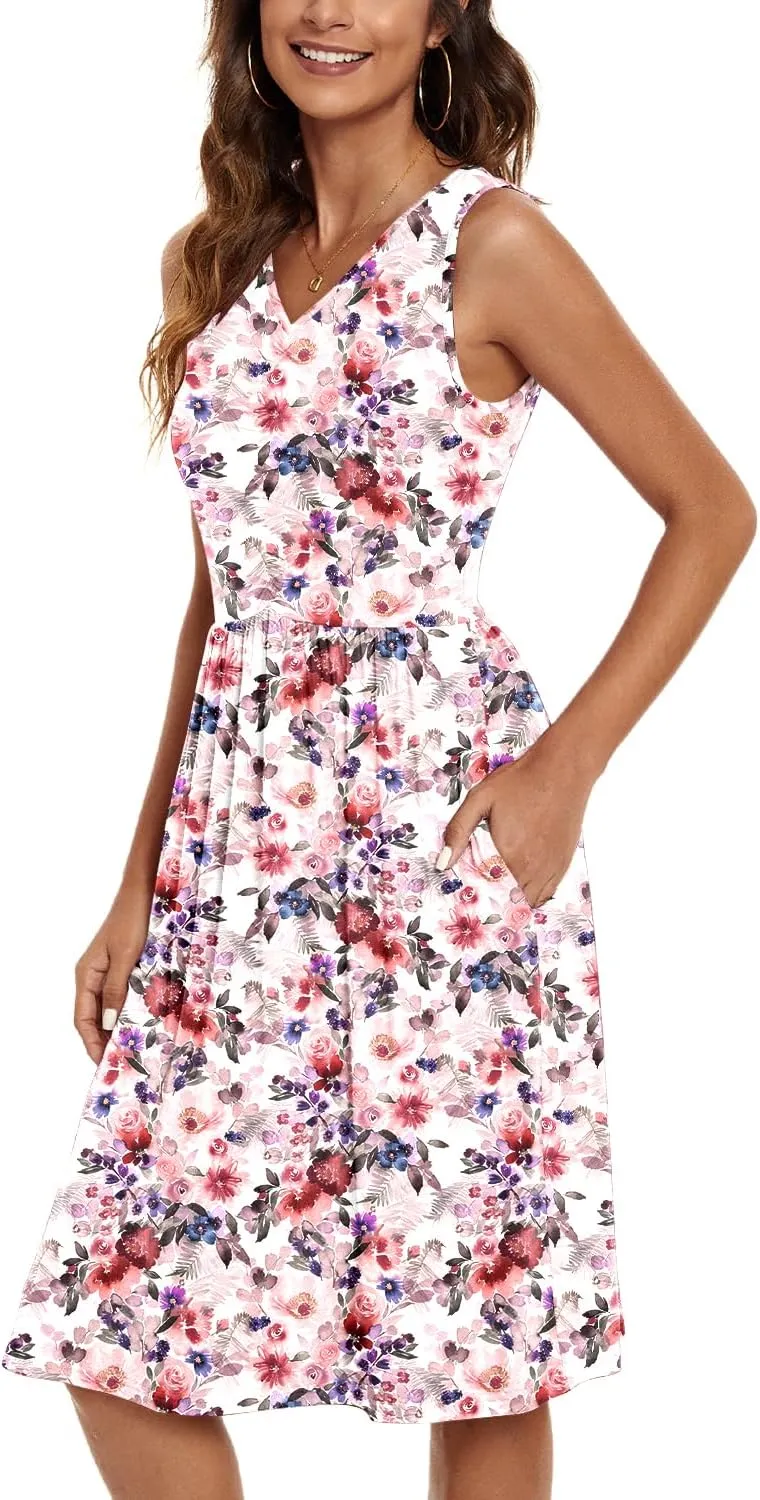 NILOUFO Womens Summer Casual Dresses Sleeveless V Neck Midi Dress with Pockets