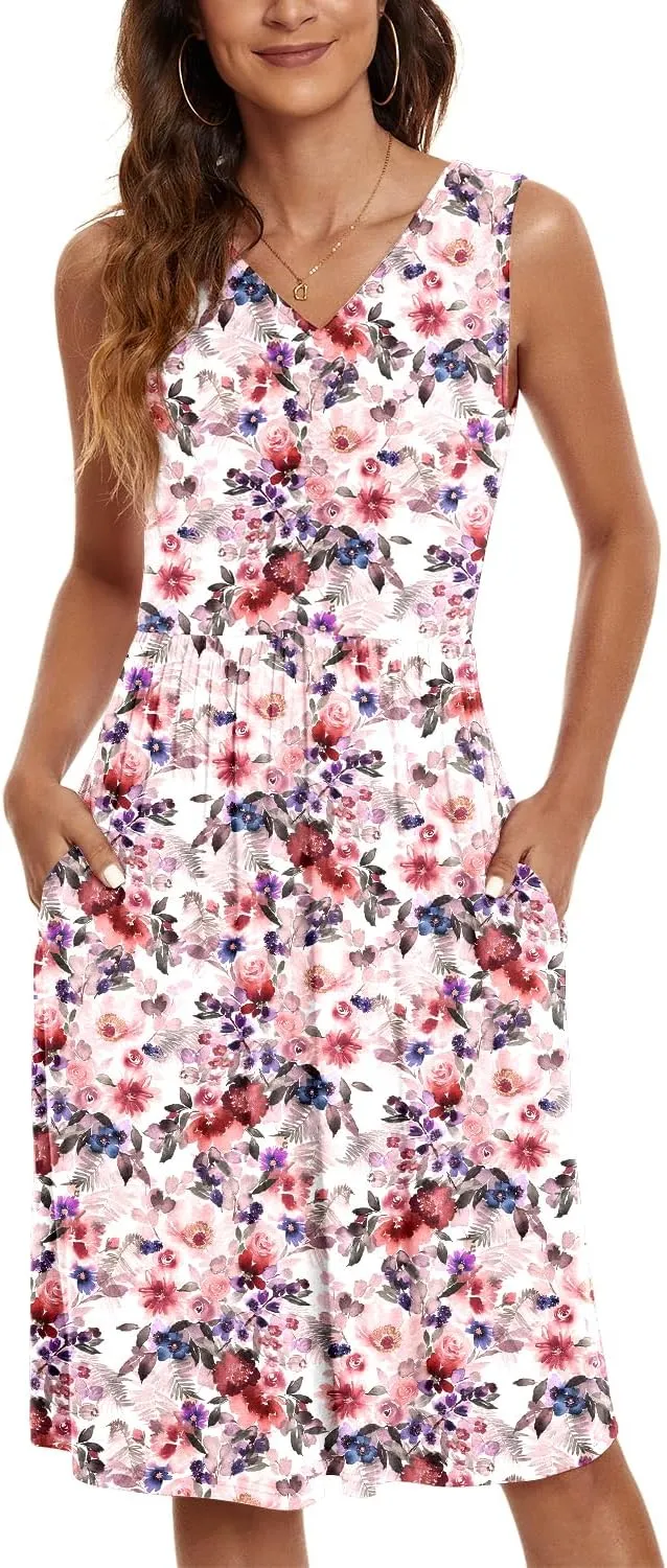 NILOUFO Womens Summer Casual Dresses Sleeveless V Neck Midi Dress with Pockets