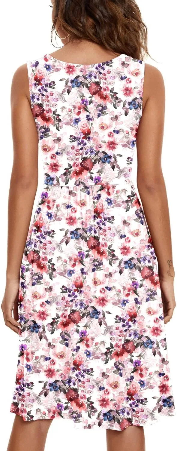 NILOUFO Womens Summer Casual Dresses Sleeveless V Neck Midi Dress with Pockets