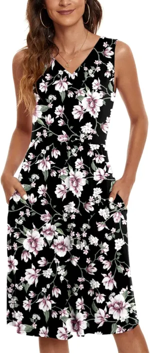 NILOUFO Womens Summer Casual Dresses Sleeveless V Neck Midi Dress with Pockets
