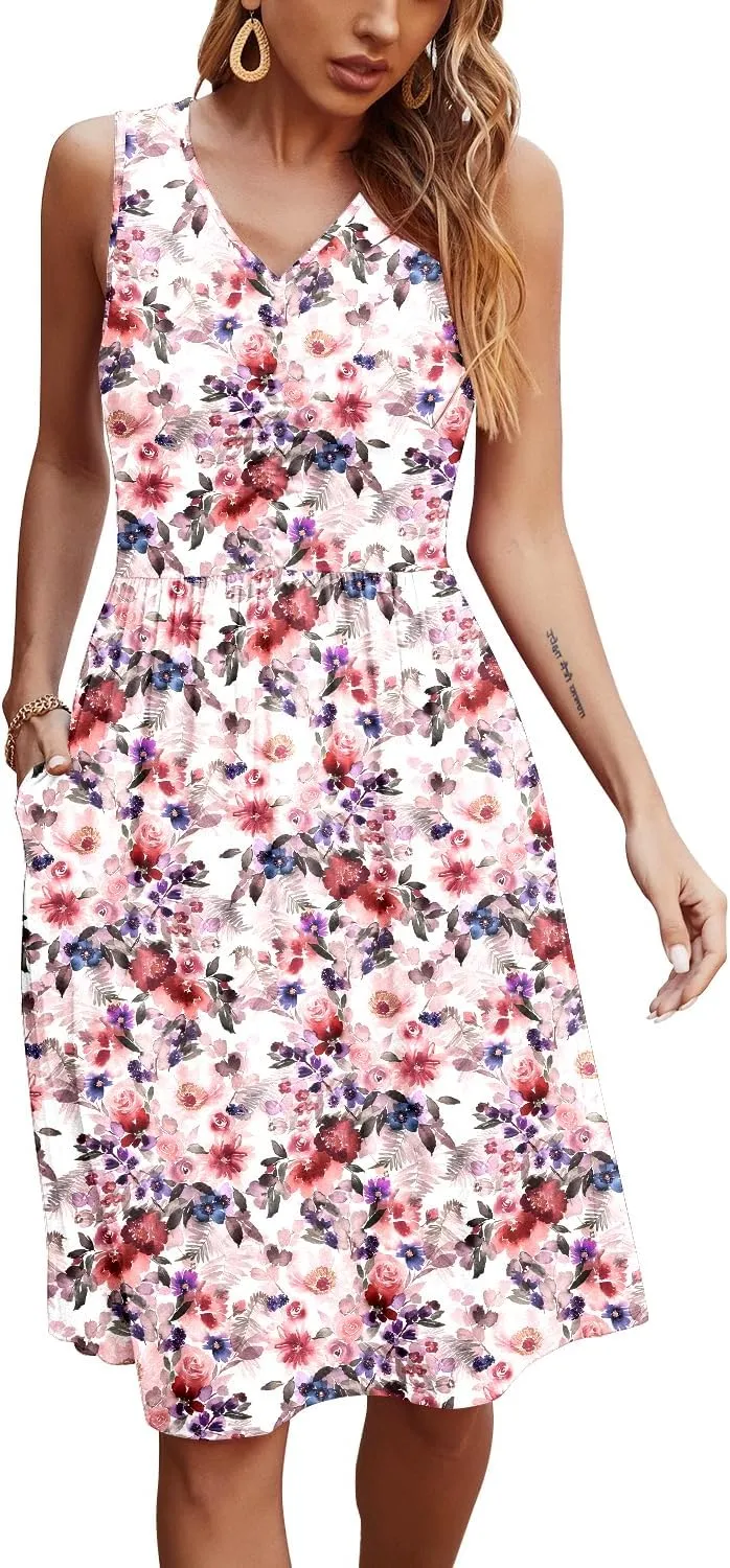 NILOUFO Womens Summer Casual Dresses Sleeveless V Neck Midi Dress with Pockets