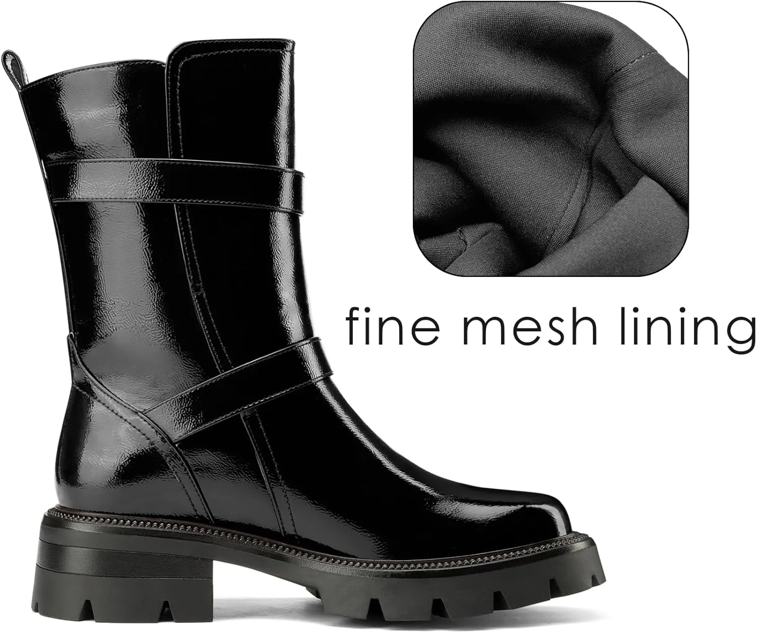 NobleOnly Womens Round Toe Mid Calf Boots Low Chunky Block Heel Metal Buckle Slip-on Ankle Boots Casual Dress Short Boots 1.4 Inches Heels