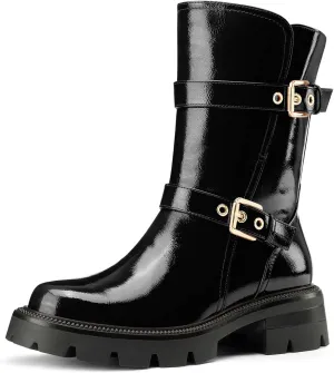 NobleOnly Womens Round Toe Mid Calf Boots Low Chunky Block Heel Metal Buckle Slip-on Ankle Boots Casual Dress Short Boots 1.4 Inches Heels