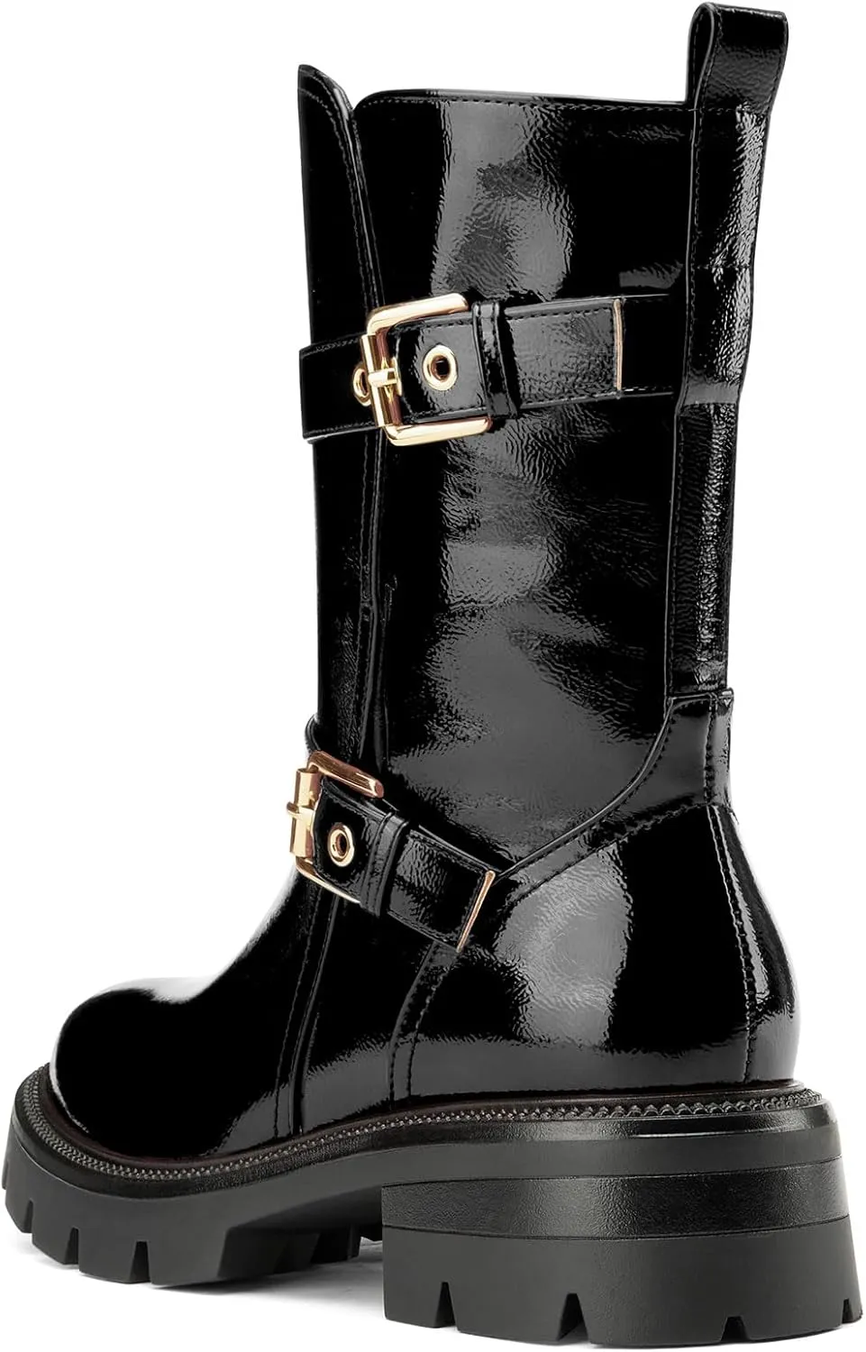 NobleOnly Womens Round Toe Mid Calf Boots Low Chunky Block Heel Metal Buckle Slip-on Ankle Boots Casual Dress Short Boots 1.4 Inches Heels