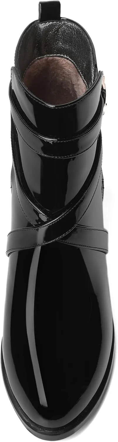 NUMALEO Womens Casual Ankle Cross Strap Warm Buckle Patent Round Toe Outdoor Block High Heel Ankle High Boots 3.3 Inch