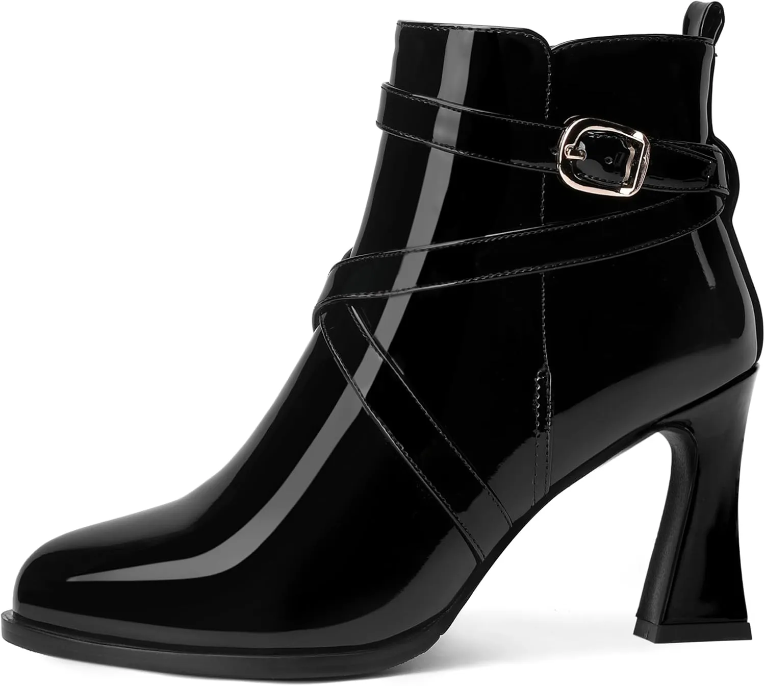 NUMALEO Womens Casual Ankle Cross Strap Warm Buckle Patent Round Toe Outdoor Block High Heel Ankle High Boots 3.3 Inch