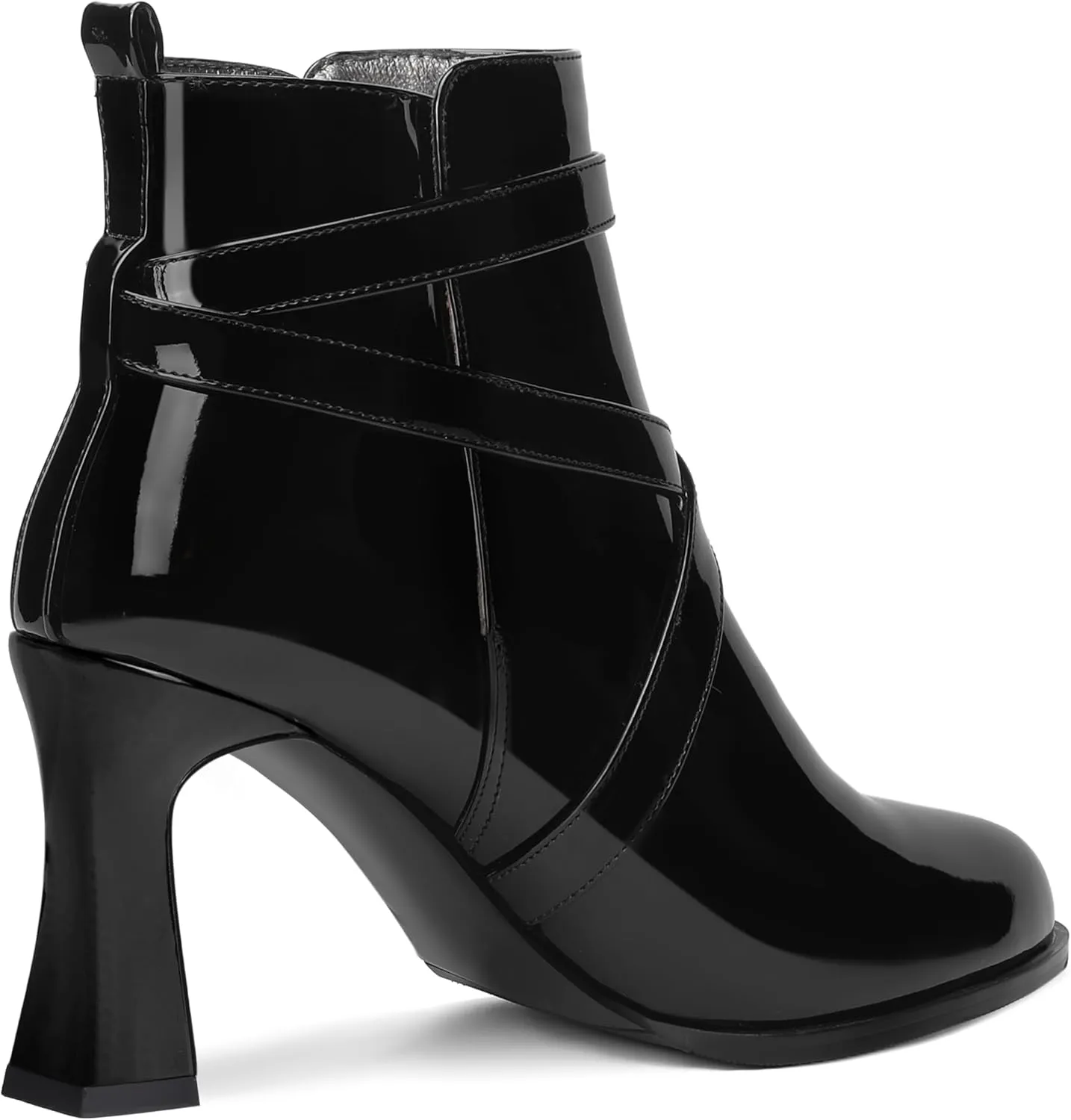NUMALEO Womens Casual Ankle Cross Strap Warm Buckle Patent Round Toe Outdoor Block High Heel Ankle High Boots 3.3 Inch