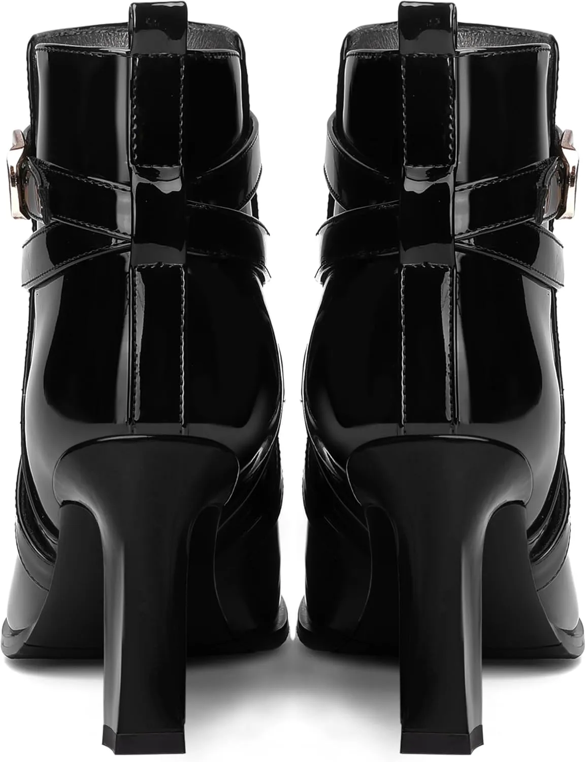 NUMALEO Womens Casual Ankle Cross Strap Warm Buckle Patent Round Toe Outdoor Block High Heel Ankle High Boots 3.3 Inch