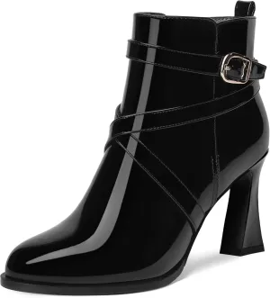 NUMALEO Womens Casual Ankle Cross Strap Warm Buckle Patent Round Toe Outdoor Block High Heel Ankle High Boots 3.3 Inch