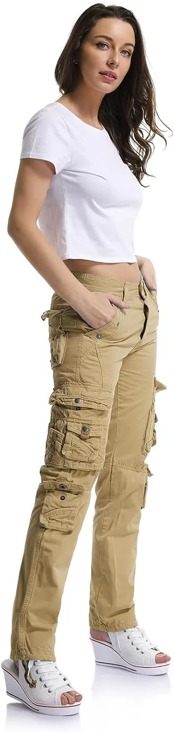 OCHENTA Women's Cotton Casual Cargo Work Pants Travel Hiking Baggy Y2K with Multi Pockets