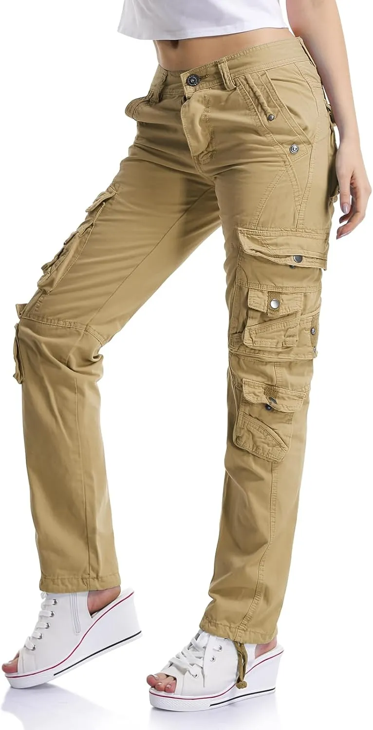 OCHENTA Women's Cotton Casual Cargo Work Pants Travel Hiking Baggy Y2K with Multi Pockets