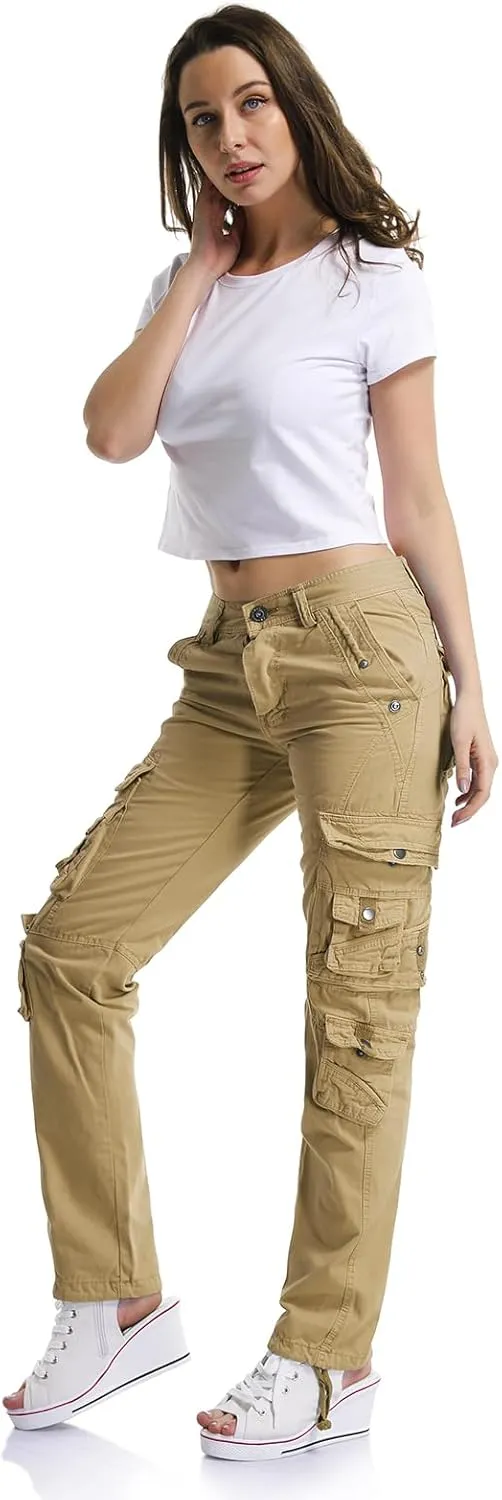 OCHENTA Women's Cotton Casual Cargo Work Pants Travel Hiking Baggy Y2K with Multi Pockets