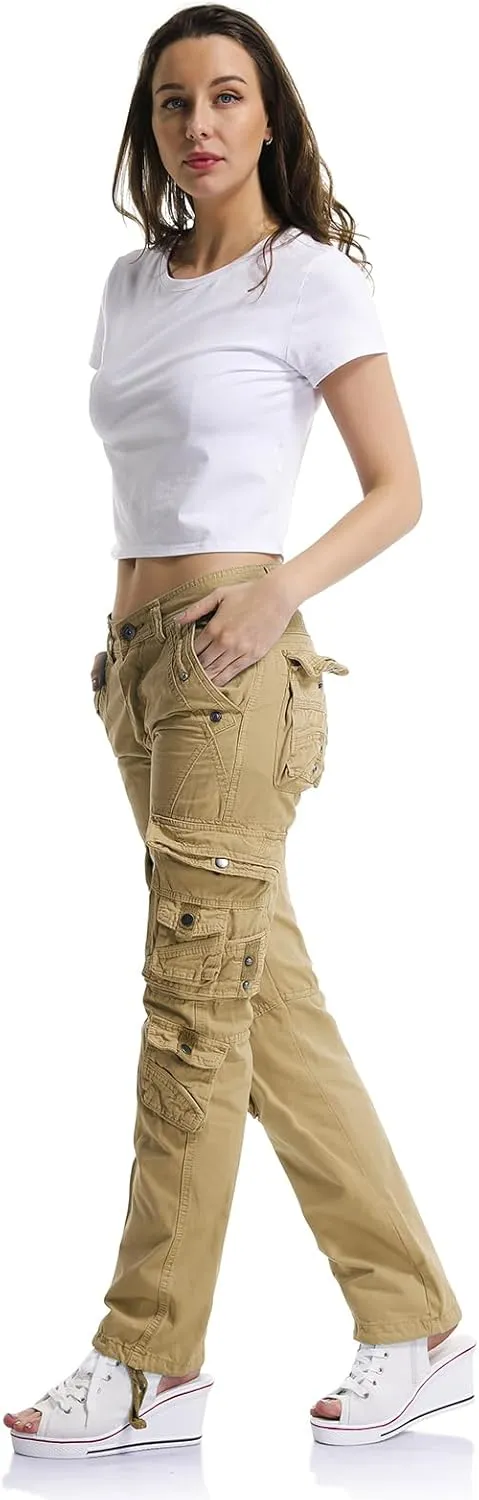 OCHENTA Women's Cotton Casual Cargo Work Pants Travel Hiking Baggy Y2K with Multi Pockets
