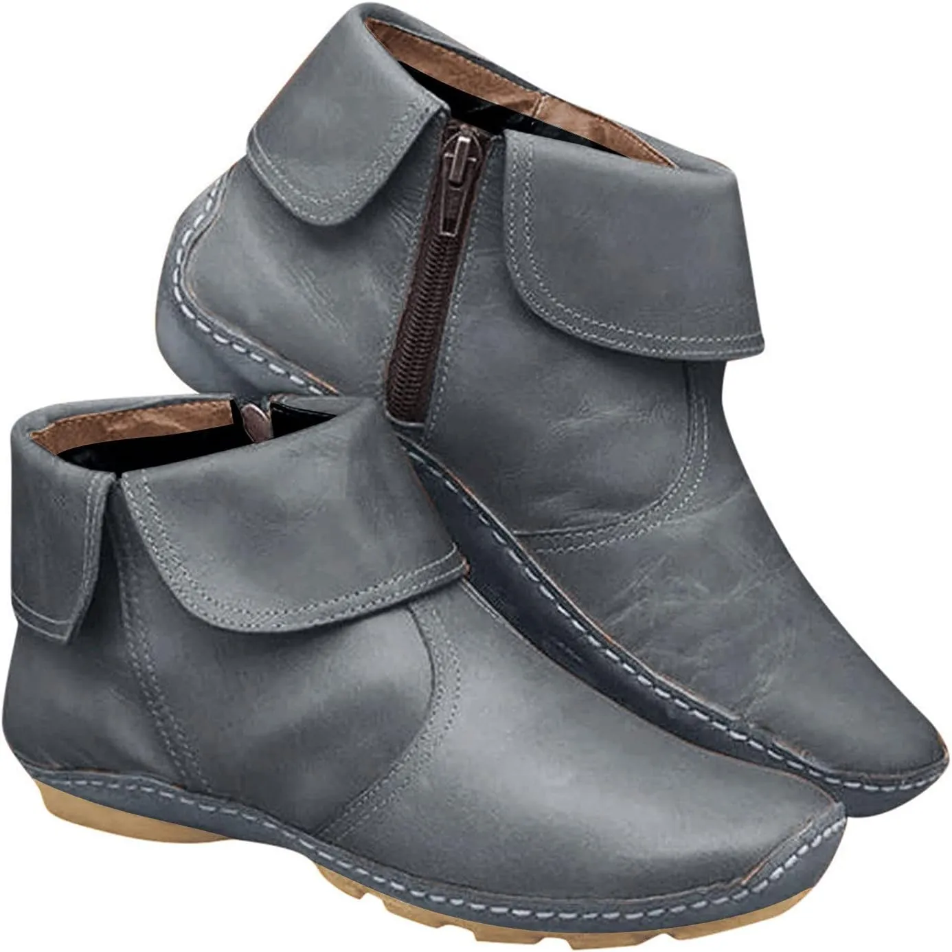 oiangi Flat Ankle Boots for Women Fahion Casual Solid Color Round Toe Quilted Zipper Non-Slip Leather Short Booties Comfy Lightweight Modern Boots Shoes