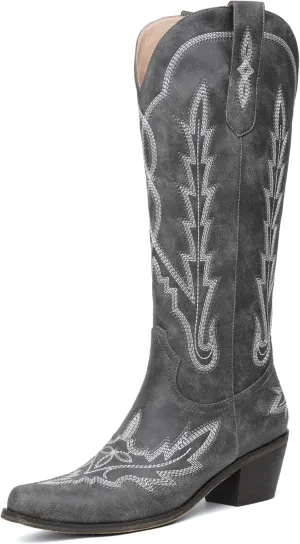 olomisa Over the Knee Cowboy Boots for Women Embroidery Cowgirl Boots Chunky Heel Side Zipper Boots Thigh High Western Boots
