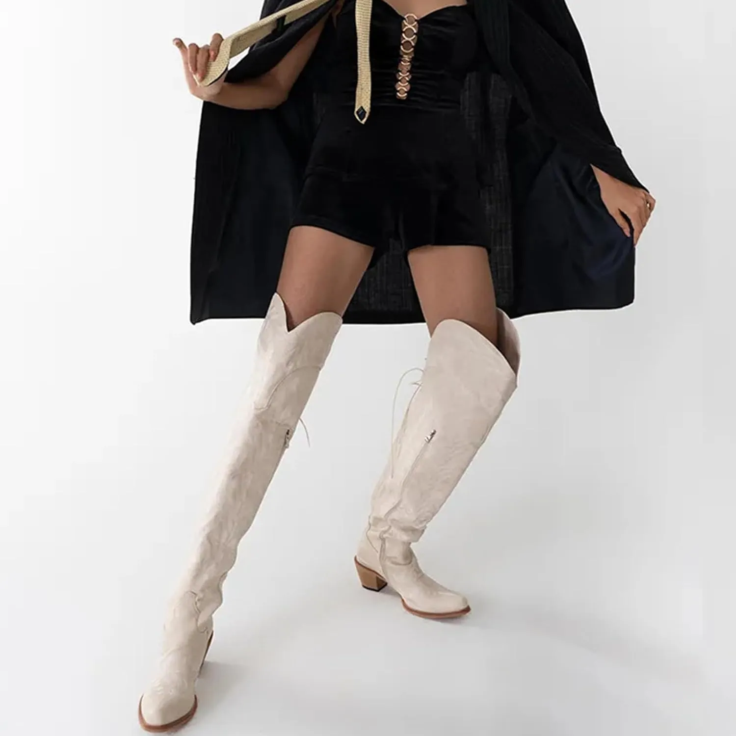 olomisa Over the Knee Cowboy Boots for Women Embroidery Cowgirl Boots Chunky Heel Side Zipper Boots Thigh High Western Boots