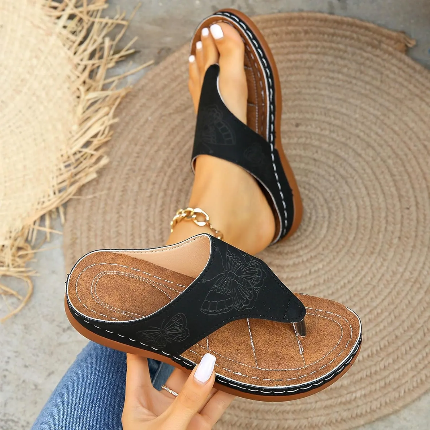 Orthopedic Sandals for Women Wide Width Comfort Orthotic Flip Flops with Arch Support Wedge Sandals Womens Walking Thong Sandals Fashion Slip on Beach Sandals Platform Sandals Dressy Summer