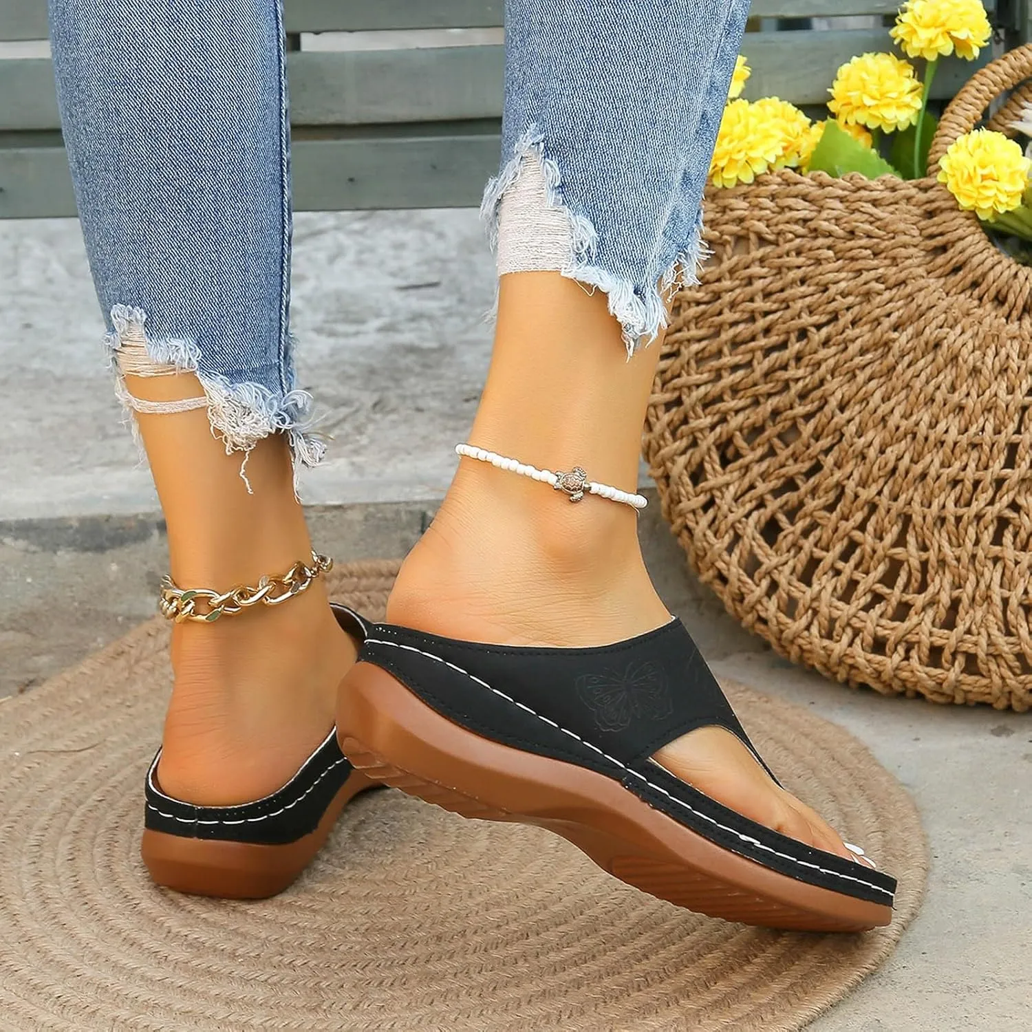 Orthopedic Sandals for Women Wide Width Comfort Orthotic Flip Flops with Arch Support Wedge Sandals Womens Walking Thong Sandals Fashion Slip on Beach Sandals Platform Sandals Dressy Summer