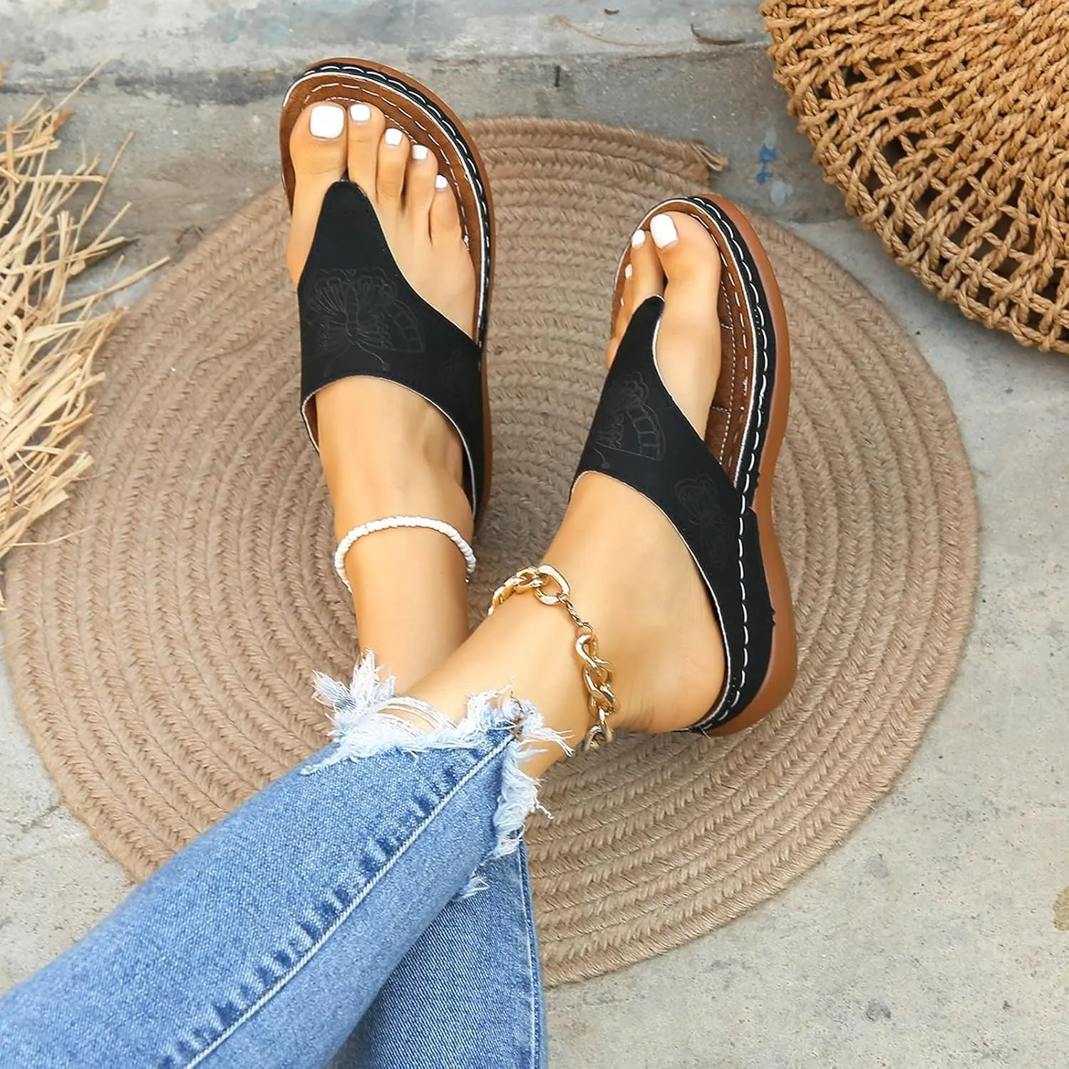 Orthopedic Sandals for Women Wide Width Comfort Orthotic Flip Flops with Arch Support Wedge Sandals Womens Walking Thong Sandals Fashion Slip on Beach Sandals Platform Sandals Dressy Summer