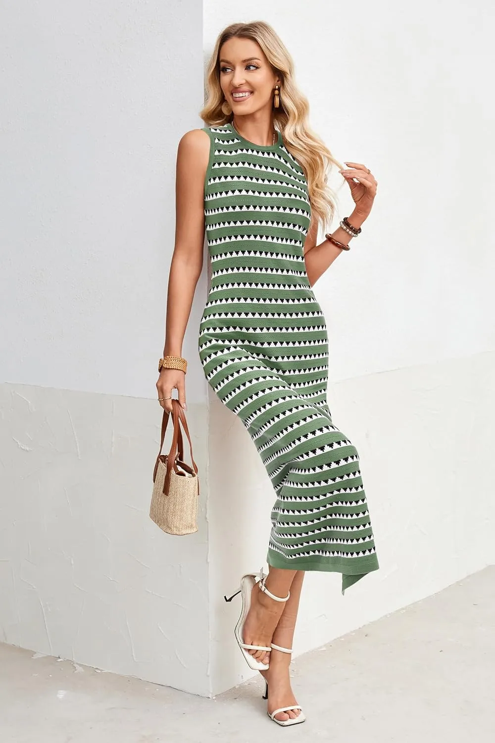 OUGES Women's 2025 Summer Maternity Dress Knit Sleeveless Crewneck Midi Dress Side Slit Striped Bodycon Sweater Dress