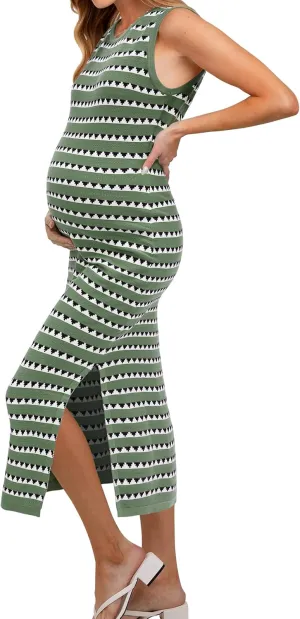 OUGES Women's 2025 Summer Maternity Dress Knit Sleeveless Crewneck Midi Dress Side Slit Striped Bodycon Sweater Dress