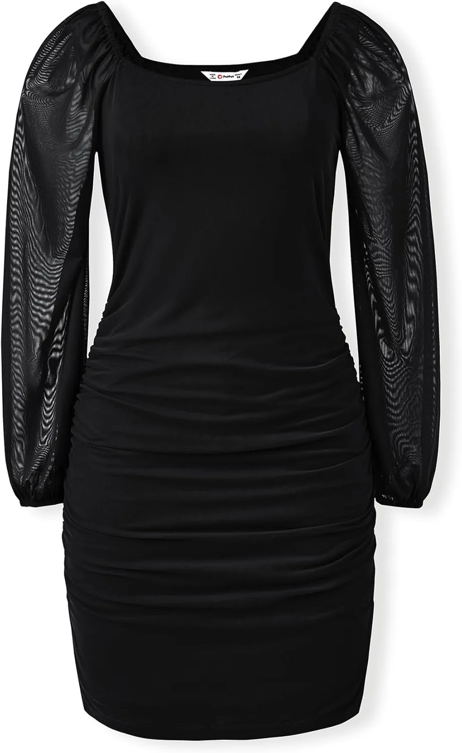 PATPAT Womens Girls Long Sleeve Square Neck Mini Dress Slim Fit Mesh Ruched Bodycon Dresses All Season Gear
