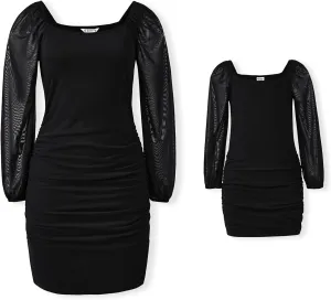 PATPAT Womens Girls Long Sleeve Square Neck Mini Dress Slim Fit Mesh Ruched Bodycon Dresses All Season Gear