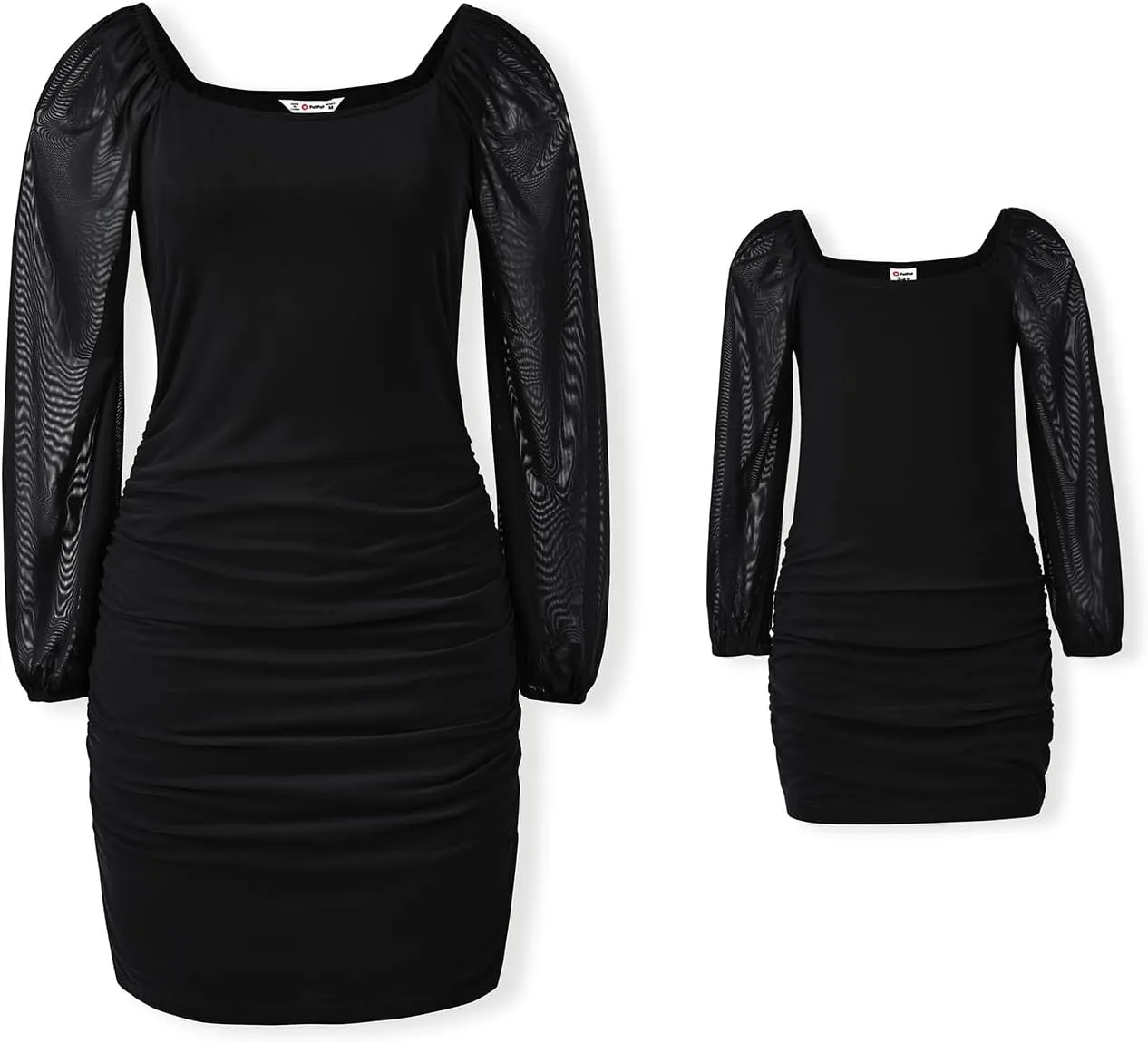 PATPAT Womens Girls Long Sleeve Square Neck Mini Dress Slim Fit Mesh Ruched Bodycon Dresses All Season Gear