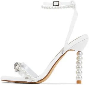 Pearl Heels for Women Sexy Square Toe Rhinestone Bow Clear Heel Sandals