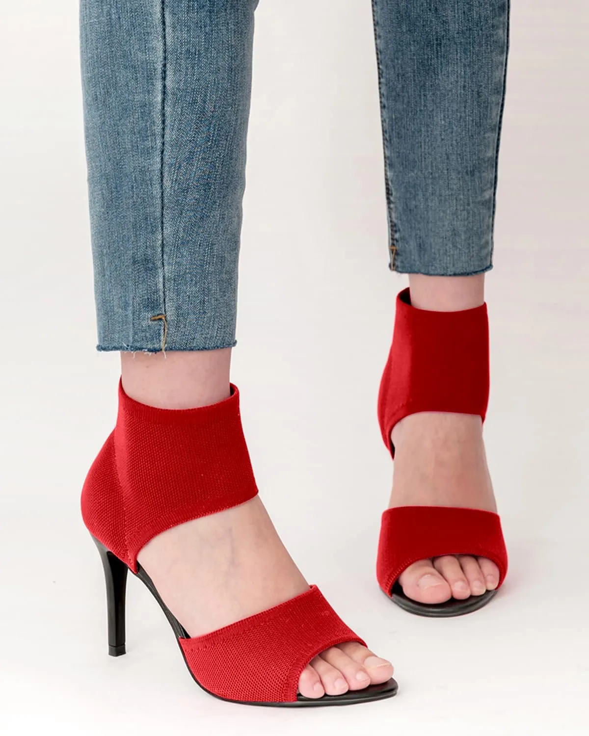 Peep Toe Heels for Women Sexy 3 Inches Stiletto High Heels for Women Dressy Slip On Comfortable Wide Stretchy Heels Knit Open Toe Booties Sandals Black Heels Sandals for Prom, Party and Work