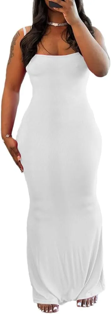 PINSV Women Summer Long Dress Casual Slip Sexy Sleeveless Bodycon Maxi Dresses for Women