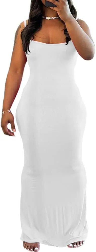 PINSV Women Summer Long Dress Casual Slip Sexy Sleeveless Bodycon Maxi Dresses for Women