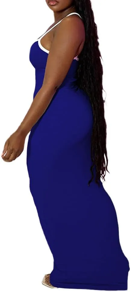 PINSV Women Summer Long Dress Casual Slip Sexy Slim Sleeveless Bodycon Maxi Dresses for Women